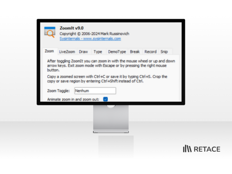 Janela do ZoomIt v5.0 exibindo configurações de zoom, incluindo atalho, nível de ampliação e opções de inicialização.
